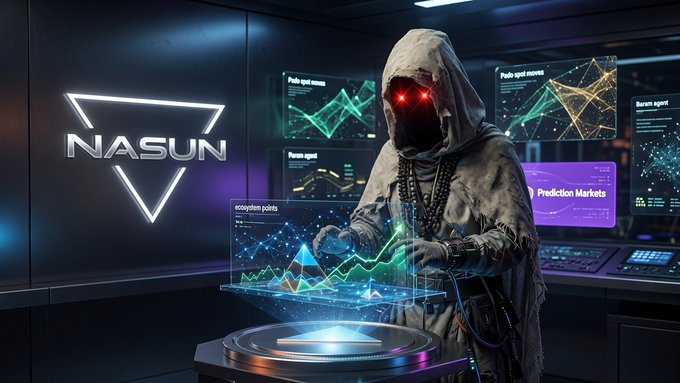 A hooded figure with glowing red eyes standing at a futuristic console with charts and prediction market displays, beside a triangular 'NASUN' logo.