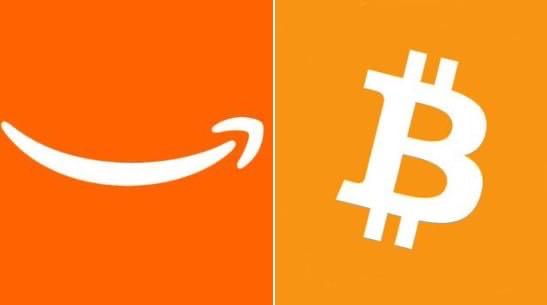 A split-panel image showing the Amazon logo (white arrow/smile on orange) on the left and the Bitcoin logo (white 'B' symbol on orange) on the right.