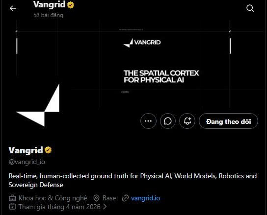 A social media profile page for 'Vangrid' (@vangrid_io) with the tagline 'THE SPATIAL CORTEX FOR PHYSICAL AI' and a description about real-time ground truth for Physical AI.