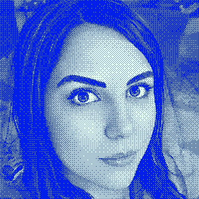 A blue and white halftone dot pattern portrait of a woman with dark hair.