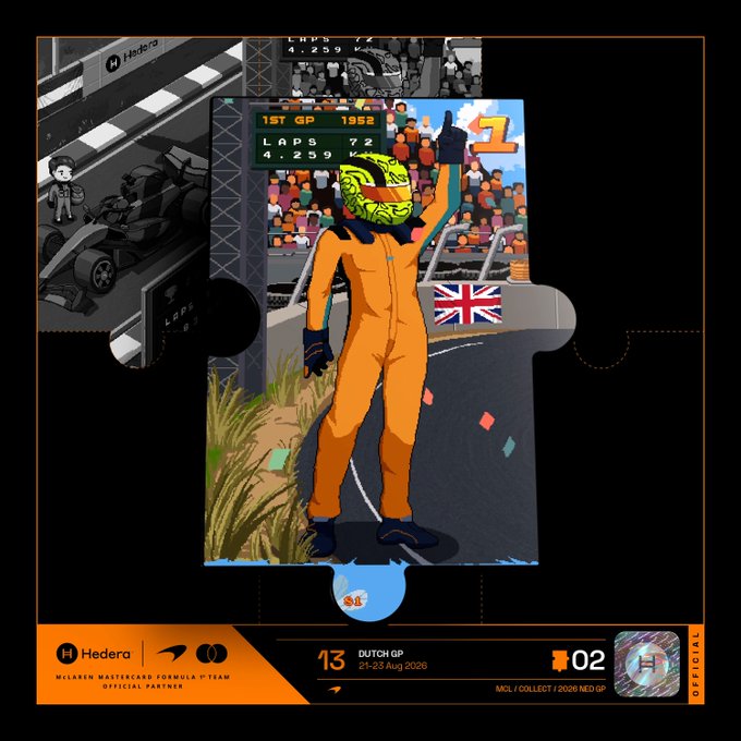 A Hedera-sponsored McLaren Mastercard Formula 1 collectible card depicting an orange-suited driver with a green/yellow helmet celebrating (1st place, 1952 GP, 72 laps) at the Dutch GP dated 21-23 Aug 2026.