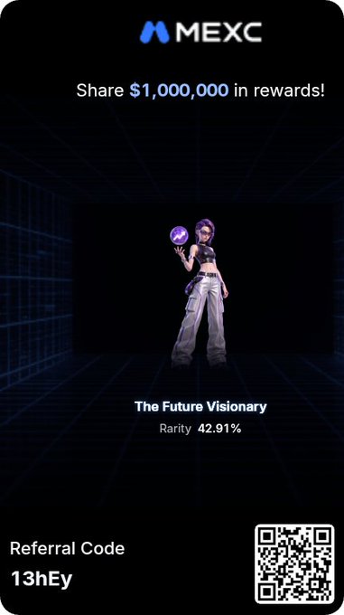 MEXC promotional graphic advertising a $1,000,000 rewards giveaway featuring an animated character labeled 'The Future Visionary' with 42.91% rarity, including referral code '13hEy' and a QR code.