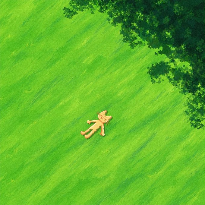 An animated scene showing a small orange cat lying on its back in a vast green grassy field with a large tree casting shadow in the corner.