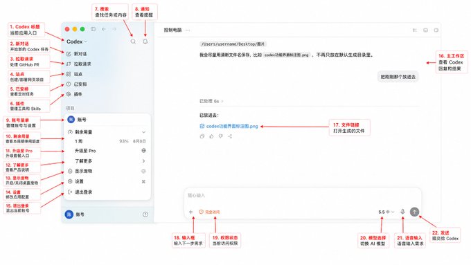 A Chinese-language annotated screenshot of the Codex AI interface, with numbered red labels (1–22) identifying UI elements such as "Codex," "账号" (Account), "项目" (Projects), "技能" (Skills), the control bar, and the main workspace displaying a user directory path "/Users/username/Desktop/图片" with an active task to open a PNG file.