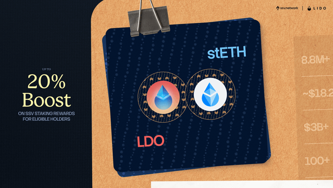 The image features a poster for Staked Ethereum that includes two logos - one of which is labeled "steth" and the other "ldo". The poster also displays text about Staked Ethereum, including details about its staking rewards and how to access them. The background color of the poster is brown, with a wooden surface visible beneath it.