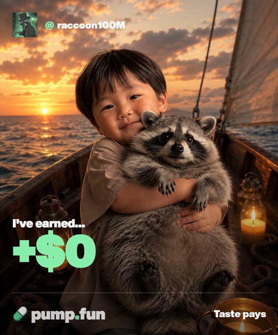 A pump.fun promotional graphic showing a young child hugging a raccoon on a boat at sunset, with the username '@raccoon100M', text reading 'I've earned... +$0' and 'Taste pays', along with the pump.fun logo.