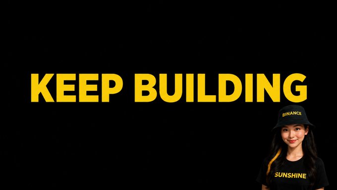 A person wearing a black Binance cap and a black "SUNSHINE" t-shirt stands in the lower right corner against a black background featuring bold yellow text reading "KEEP BUILDING," visually reinforcing the Binance Day 2 challenge theme of community engagement and continued growth together.