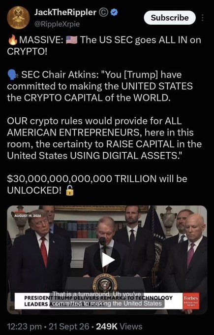 A tweet from JackTheRippler (@RippleXrpie) titled 'MASSIVE: The US SEC goes ALL IN on CRYPTO!' featuring a video thumbnail of Trump and SEC officials, claiming $30 trillion will be unlocked.