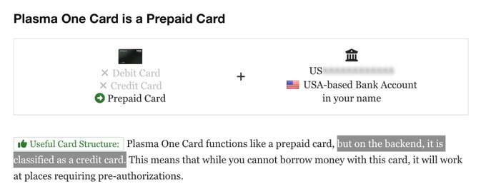 A diagram explaining that the Plasma One Card is technically classified as a credit card on the backend but functions as a prepaid card, requiring a USA-based bank account in the user's name to fund it.