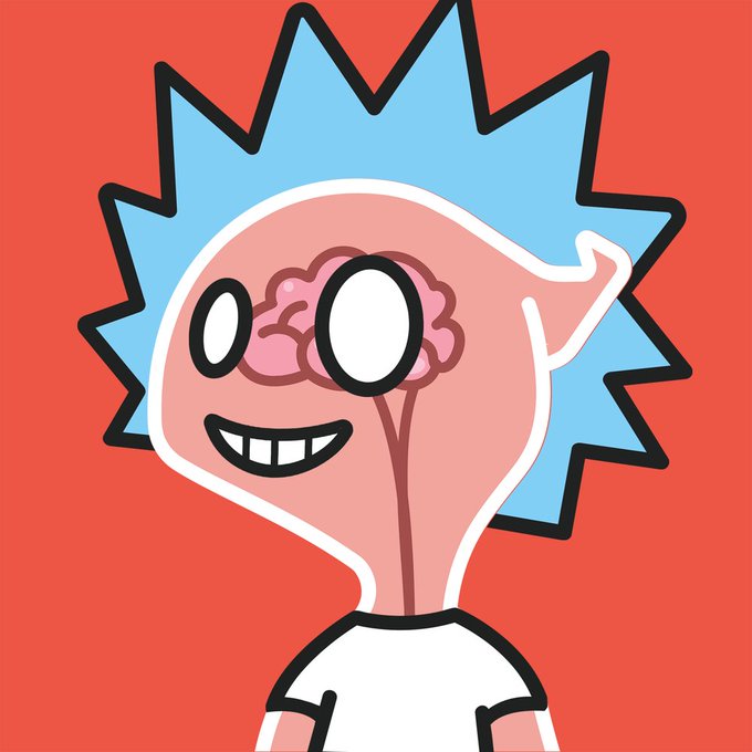 An illustration of Rick Sanchez from Rick and Morty with his brain exposed, set against a red background.