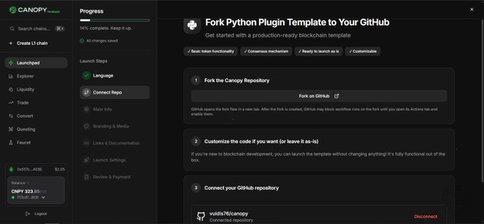 The image shows the Canopy Network Launchpad interface displaying a "Progress" sidebar at 44% complete, with the user having selected Language and Connect Repo steps, alongside a main panel titled "Fork Python Plugin Template to Your GitHub" that outlines three steps for getting started with a blockchain template, including forking the Canopy repository and connecting a GitHub repo (yudits76/canopy). This directly illustrates the post's description of building a first L1 chain on the Canopy network, having already picked the language and connected a GitHub repo, with the clean step-by-step Launchpad flow mentioned by the user.