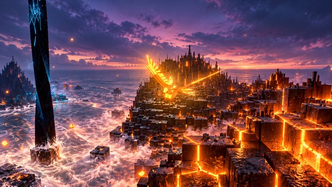 Fantasy digital artwork depicting a glowing orange city of stepped pyramids beside an ocean at sunset, with a large glowing bird-like figure and a dark rune-covered obelisk.