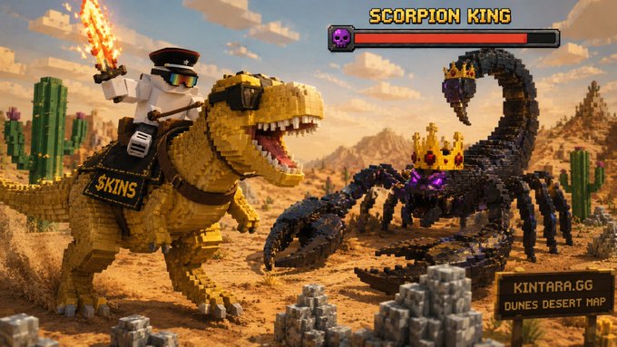 A video game scene titled "SCORPION KING" depicting a blocky, Lego-like cowboy riding a yellow T-Rex to fight a giant scorpion wearing a crown in a desert setting, with a "KINTARA.GG DUNES DESERT MAP" sign.
