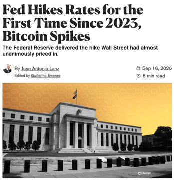 A Daily News article dated September 16, 2026, headlined "Fed Hikes Rates for the First Time Since 2023, Bitcoin Spikes" features an image of the Federal Reserve building, visually representing the FOMC rate hike news that the accompanying post highlights as driving crypto majors higher, with BTC reaching $76.3k.