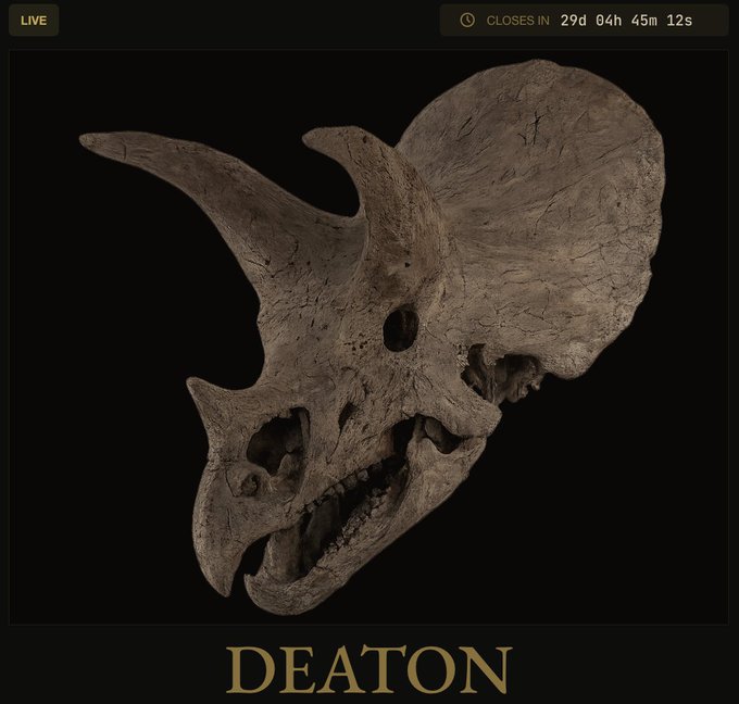 An NFT auction listing labeled "DEATON" featuring a detailed 3D render of a Triceratops dinosaur skull against a black background, marked as LIVE and closing in 29d 04h 45m 12s.