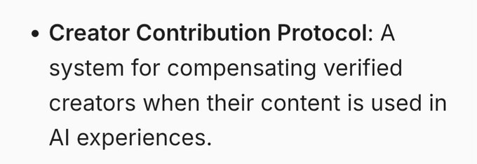 A simple text slide defining 'Creator Contribution Protocol' as a system for compensating verified creators when their content is used in AI experiences.