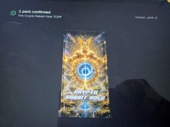 A digital collectible card labeled 'Mighty Tools' featuring an ornate golden design with a central blue gem, marked as '1 pack confirmed - The Crypto Mastery Shop - Crypto'.