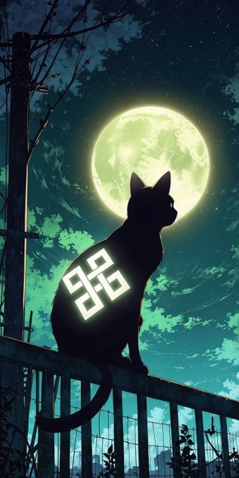 An anime-style illustration of a black cat sitting on a railing under a large glowing full moon, with a stylized glowing emblem on its side and a dark teal, starry night sky in the background.