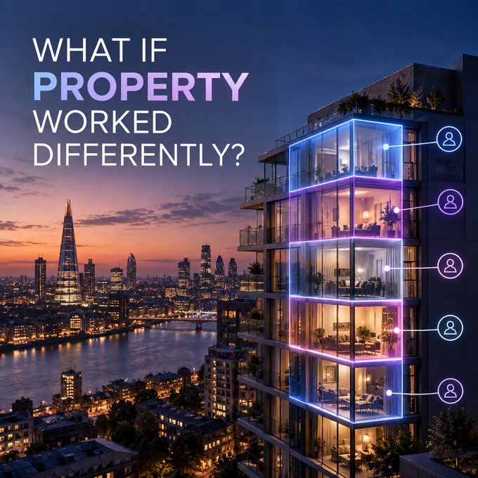 A glowing glass tower against the London skyline displays the text "WHAT IF PROPERTY WORKED DIFFERENTLY?" with person icons linking to each floor, visually echoing the post's pitch about reimagining real estate as an accessible, tokenized, on-chain investment.
