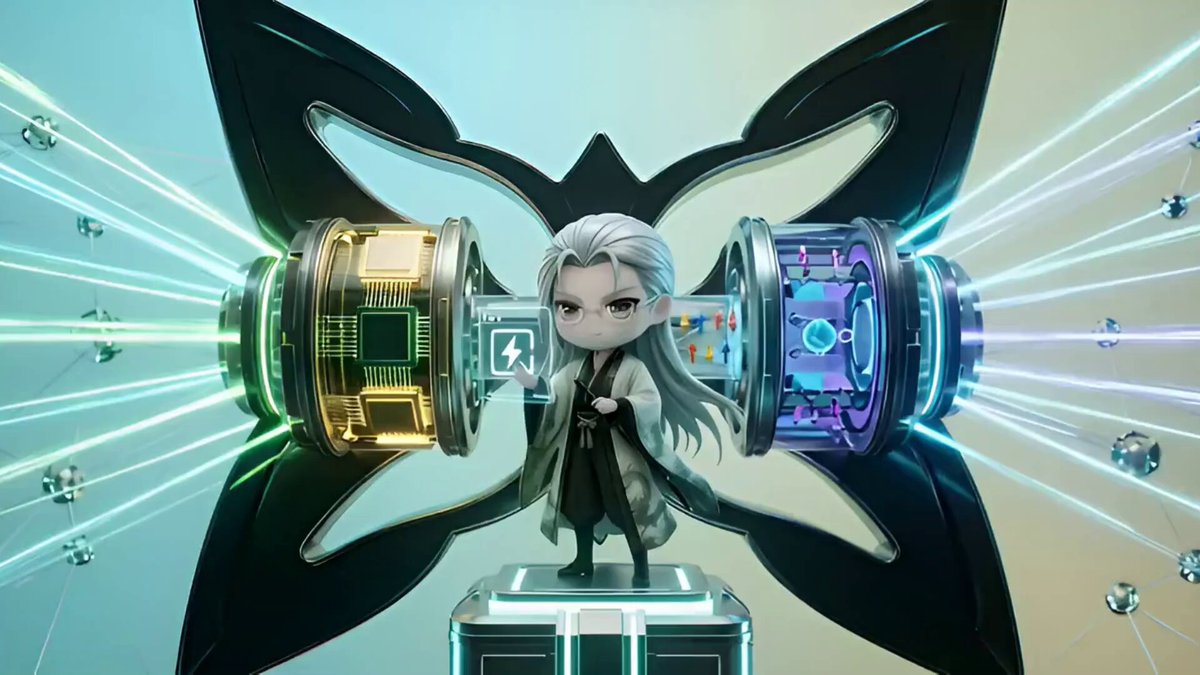 The image features a small cartoon character with long hair standing next to two large machines that are emitting colorful lights. The character appears to be wearing a cape or a robe, giving them an air of authority or importance. The background consists of various neon lights, creating a vibrant and dynamic atmosphere around the scene. The caption at the bottom of the image reads "The new 1-command Node Manager has been launched by @quipnetwork", indicating that this is related to the post about the new Node Manager feature on the network.