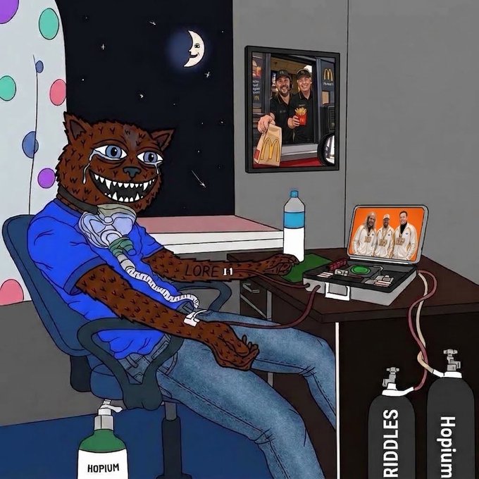 An illustration depicts a werewolf-like creature hooked to oxygen tanks labeled 'HOPIUM', 'RIDDLES', and 'HODIUM', watching laptop videos while a McDonald's photo hangs on the wall.