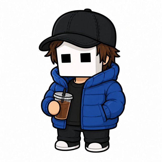 A cartoon character wearing a black cap, white blocky mask with square eye holes, blue puffer jacket, and black pants, holding an iced coffee drink.