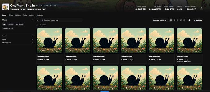 The image displays a collection of images featuring snail statues, with each snail having unique attributes such as size, color, and location, set against a lush green background that appears to be related to gardening or plant-related themes. The post suggests that these images are up for sale on minted mine, an online marketplace known for selling digital artwork and other creative creations.