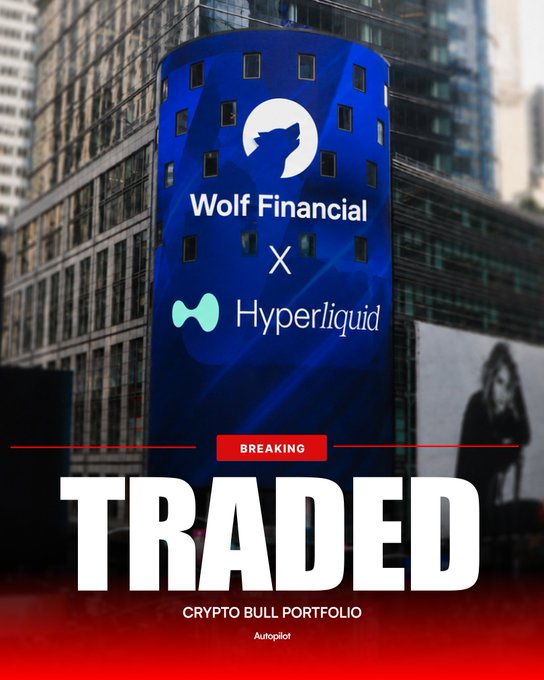 A blue billboard in an urban setting displays "Wolf Financial x Hyperliquid" alongside the headline "TRADED — BREAKING" and "CRYPTO BULL PORTFOLIO Autopilot," announcing that Wolf Financial's crypto bull portfolio has added the Bitwise Hyperliquid ETF ($BHYP) as a new position.