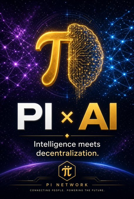 A futuristic graphic featuring a golden Pi symbol morphing into a circuit-board brain, with the text "PI × AI — Intelligence meets decentralization" and the Pi Network logo and tagline "Connecting people. Powering the future." This visually reinforces the post's message about the convergence of Pi cryptocurrency and artificial intelligence as the future of crypto.