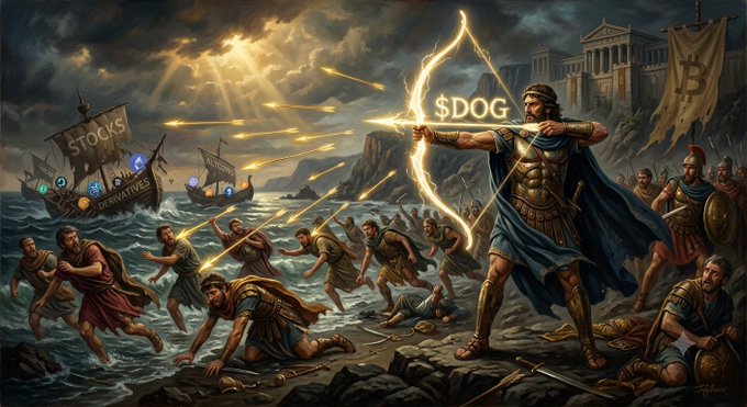 A digital artwork depicts a Greek warrior (Apollo) shooting arrows at ships labeled "STOCKS" and "DERIVATIVES" with social media icons, while he holds a glowing $DOGE bow, illustrating a meme about crypto vs. traditional finance.