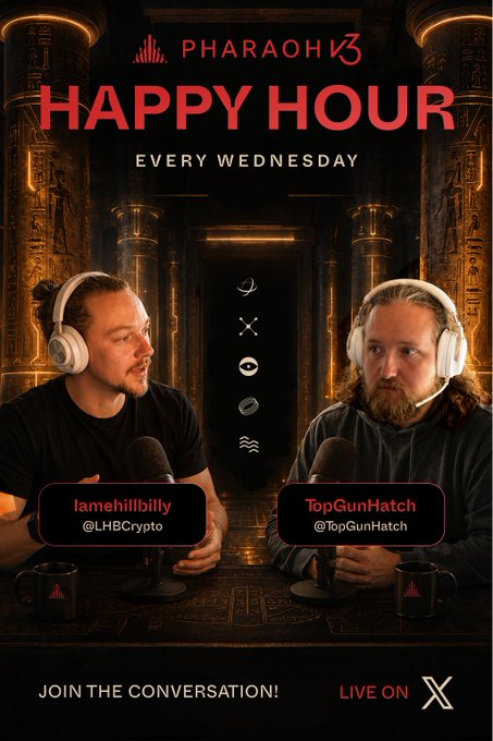 A promotional graphic for "PHARAOH V3 HAPPY HOUR EVERY WEDNESDAY" featuring podcast hosts lamelhillbilly (@LHBCrypto) and TopGunHatch (@TopGunHatch) wearing headphones and speaking into microphones against an Egyptian-themed backdrop, inviting viewers to "JOIN THE CONVERSATION" live on X, aligning with the post's announcement of the weekly founder-accessible crypto discussion.
