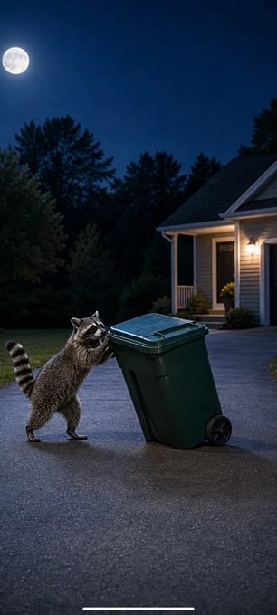 A raccoon stands on its hind legs pushing over a green trash bin in a driveway at night under a full moon, with a lit house in the background.