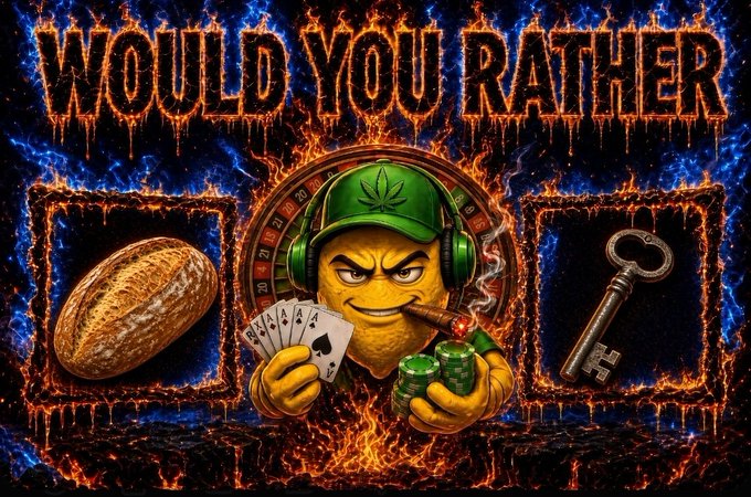 A fiery, AI-generated graphic with the bold text 'WOULD YOU RATHER' across the top, featuring a cartoonish yellow character smoking a cigar and holding poker chips, flanked by a seed/nut and an old-fashioned key.