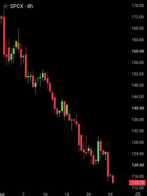A stock candlestick chart for ticker SPCX over 8 hours shows a sharp downward trend, with the price falling from around 176.00 to 113.75.