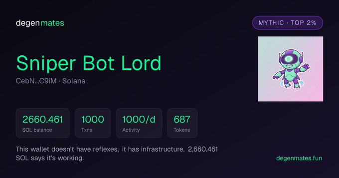 A 'degenmates' profile showing 'Sniper Bot Lord' wallet with 2,660.461 SOL balance, ranked MYTHIC TOP 2%, with an astronaut NFT.