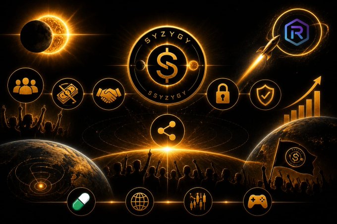 A glowing golden "$SYZYGY" token logo is centered against a cosmic backdrop featuring a solar eclipse, Earth, and a silhouetted crowd, surrounded by icons representing community, handshake, security, sharing, globe, and gaming — visually reinforcing the post's branding of $SYZYGY as "The Alignment Token" tied to the August 12, 2026 total solar eclipse.