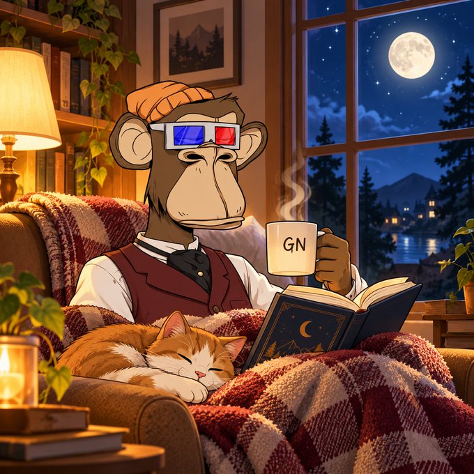 A cartoon monkey wearing 3D glasses and a beanie reads a book by moonlight while holding a mug labeled 'GN', with a sleeping orange and white cat nestled on the blanket beside him.