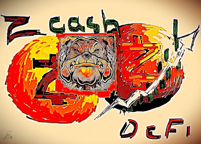 An artistic digital illustration featuring a bulldog in the center with the text 'Zcash' and 'DEFI' surrounding it in red and green.