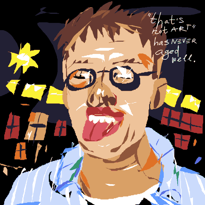 A stylized digital illustration depicts a man with glasses and a striped shirt against a vibrant cityscape backdrop with a yellow star, with the quote "that's not ART has NEVER aged well." handwritten in the upper right—directly echoing the post's caption, which frames the artwork as a tribute to digital artist Beeple and criticizes those who dismissed digital art.