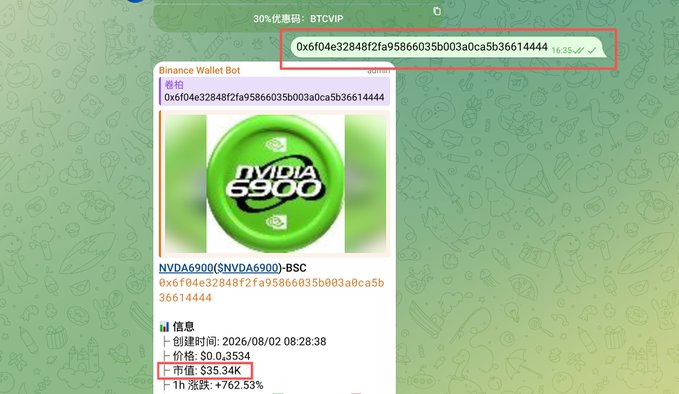 A Telegram message from "Binance Wallet Bot" shows a 30% discount code (BTCVIP) along with details for the NVDA6900 (SNVDA6900)-BSC token, displaying a contract address, creation date of 2026/08/02, price of $0.03534, and a market cap of 35.34K, matching the poster's mention of buying at 15k and selling early before the market cap reached 280k.