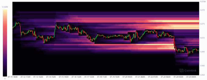 A candlestick chart of DOGE/USD on CoinAnk displays price action from July 11 to July 24, showing a decline from around $0.275 to $0.066, with the recent sharp drop at the end visually representing the liquidation of high-leverage long positions highlighted in the post.