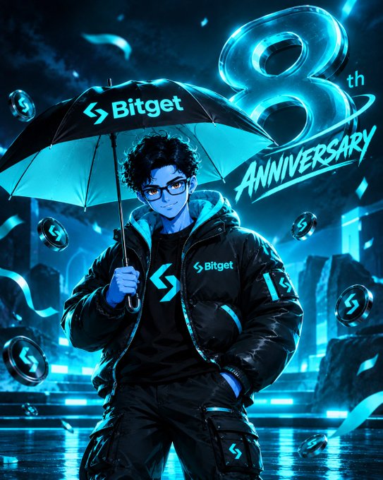 An anime-style promotional illustration celebrating the '8th ANNIVERSARY' of Bitget, showing a young man with glasses holding a Bitget umbrella while wearing Bitget-branded clothing in a neon blue cyberpunk cityscape.