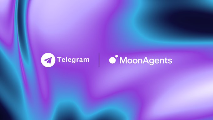 The image features the Telegram logo alongside the MoonAgents branding set against a vibrant purple and blue gradient background. It visually represents the partnership announcement of MoonAgents AI assistants now being available on Telegram, highlighting the integration of crypto services into the popular messaging platform.