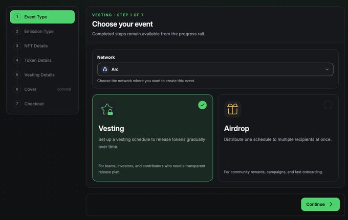 Step 1 of 7 of a 'Vesting' event creation flow on the Arc network, with the Vesting option selected for setting up gradual token release schedules.