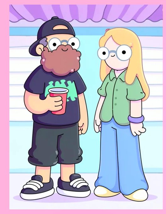 A cartoon illustration of two characters standing together, one with a beard, backwards cap, and holding a red cup, and the other a blonde person wearing a green shirt and blue pants.
