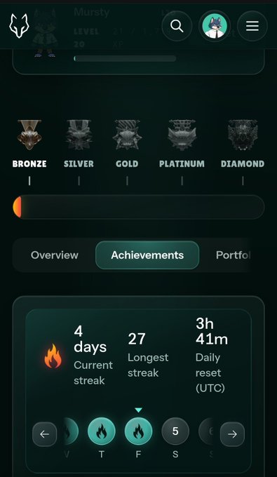 A mobile app interface showing gaming achievement tiers (Bronze, Silver, Gold, Platinum, Diamond) for user 'Mursty' with stats including a 4-day current streak and 27-day longest streak.