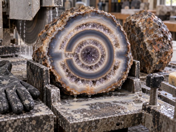 A cross-section of a geode or agate stone reveals purple crystalline formations surrounded by concentric bands, sitting on a workshop surface next to a gloved hand.