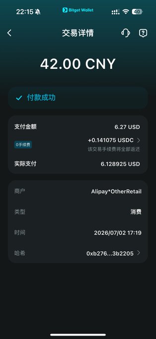 A Bitget Wallet transaction detail in Chinese shows a successful payment of 42.00 CNY (approximately 6.13 USD) to Alipay*OtherRetail, dated 2026/07/02 17:19.