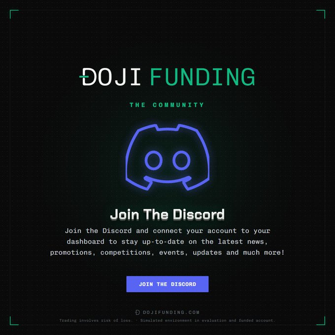 A promotional graphic for 'DOJI FUNDING' featuring the Discord logo and the text 'Join The Discord' on a dark, dotted background.