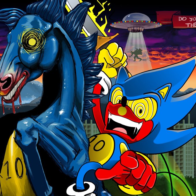 A wide-eyed blue cartoon raccoon-like character triumphantly rides a crazed, grinning blue horse holding a flag, while a UFO beams up a tiny figure against a fiery apocalyptic skyline; a partial banner reads "DO YO... THE..." and a yellow circle shows "10," visually echoing the post's boastful, taunting tone toward crypto rivals at the bull market peak.